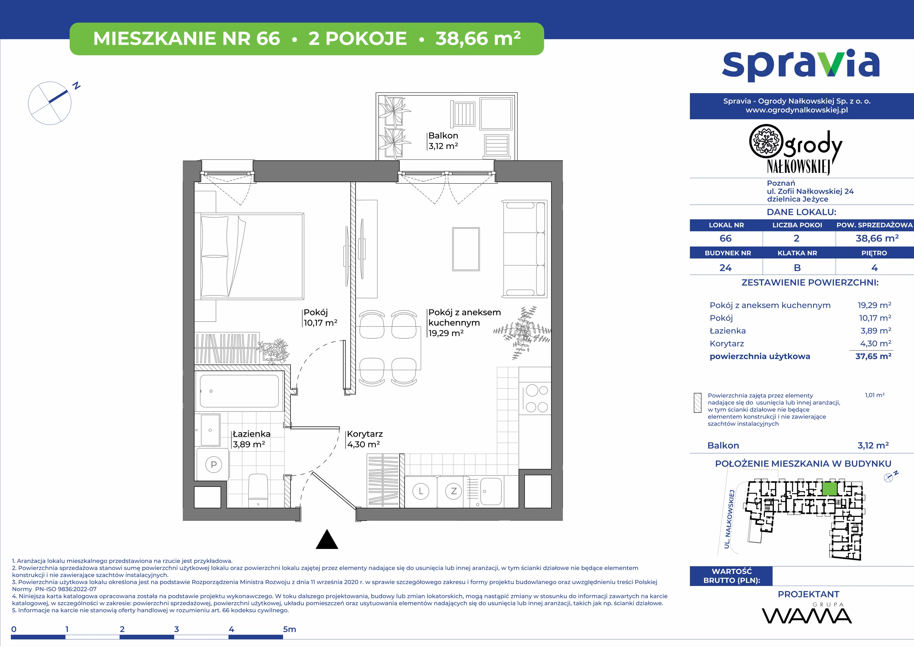 2 pokoje, mieszkanie 38,66 m², piętro 4, oferta nr 24-66, Ogrody Nałkowskiej, Poznań, Ogrody, ul. Nałkowskiej 24, 26